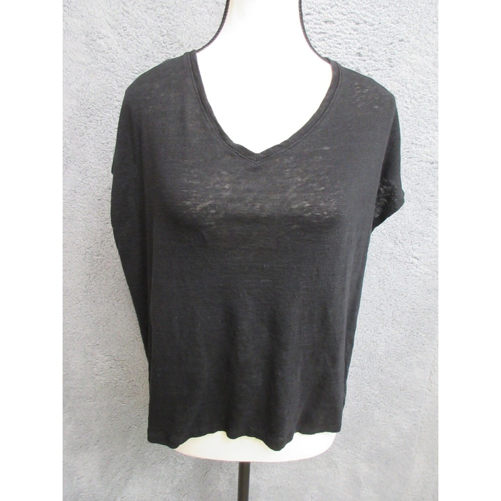 Rachel Zoe Shirt Women XL Black Linen Short Quiet Luxury Elegant Timeless Staple